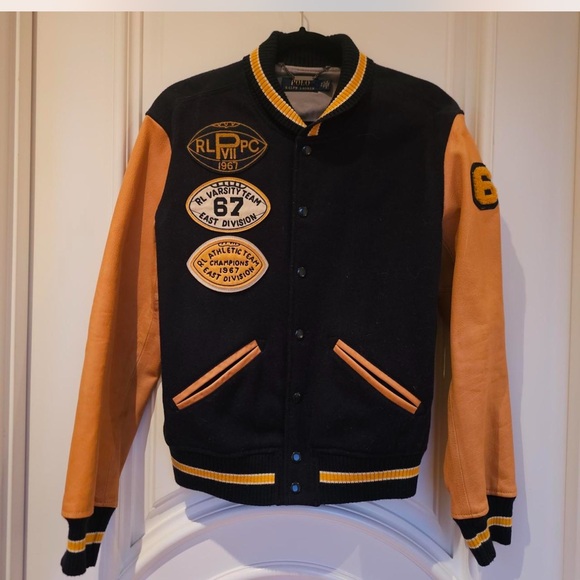 Polo Ralph Lauren Navy Yellow and Tan Leather Letterman Bomber Jacket men’s S